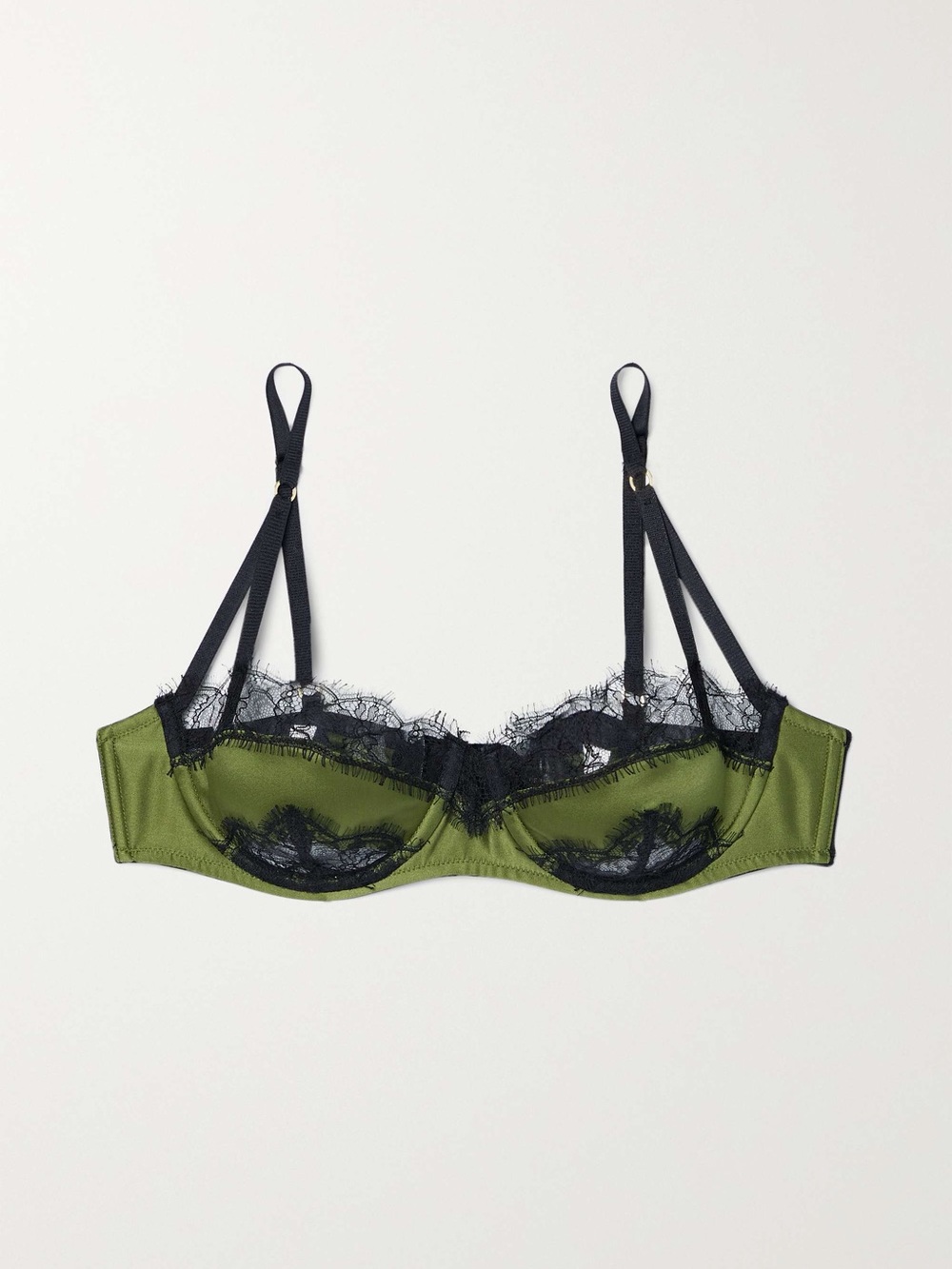 Satin Underwire Bra with Black Lace Trim in Olive